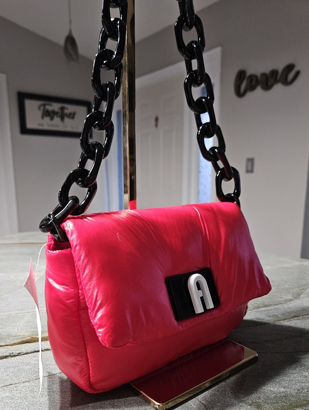 Furla Candy Red Puffer Crossbody Bag Acrylic Chain